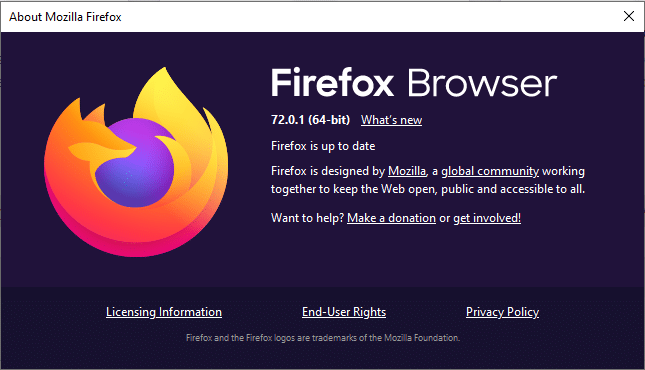 Firefox About, software version, licensing info